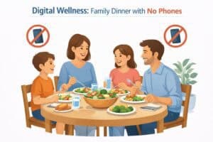 Family eating dinner together without smartphones, modeling healthy screen time boundaries and positive digital wellness habits