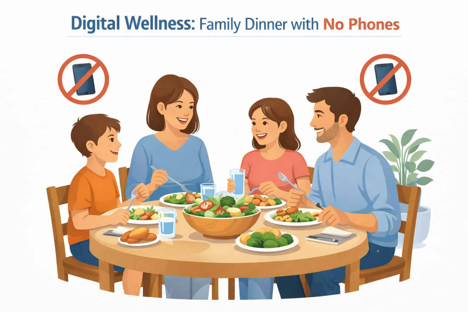 Family eating dinner together without smartphones, modeling healthy screen time boundaries and presence