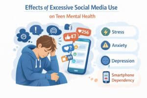 Child staring at a smartphone screen with glowing light, representing smartphone addiction harming focus, executive functioning, and mental health
