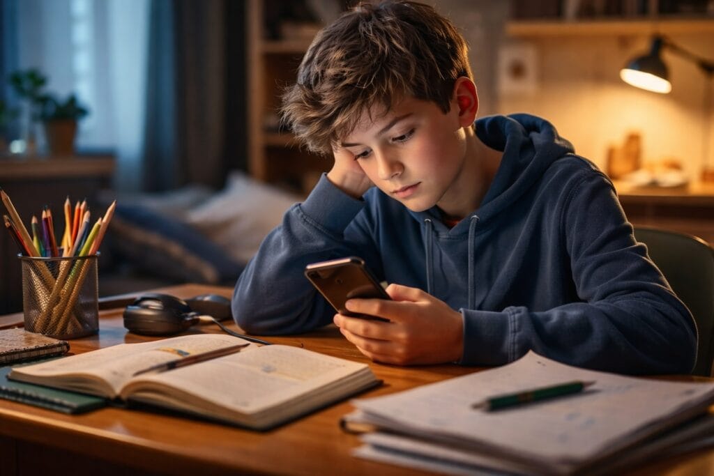 Child distracted by smartphone while studying at a desk with books and schoolwork, illustrating phone addiction and focus problems in kids