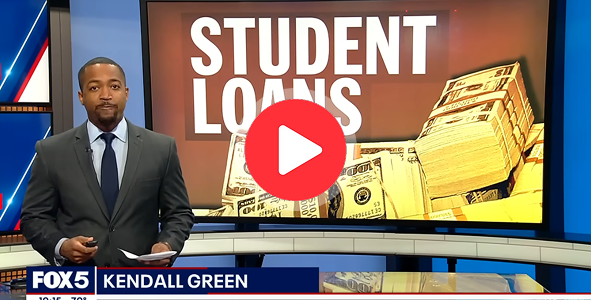 News anchor standing on set in front of large graphic that says "student loans"