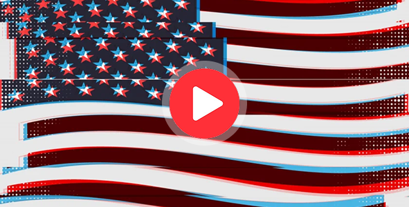 American flag with play button overlay