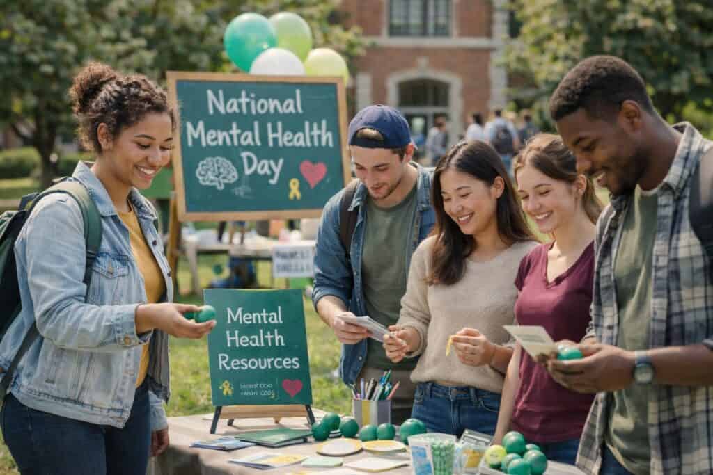 Diverse group of college students browsing mental health resources at an outdoor National Mental Health Day table on campus.