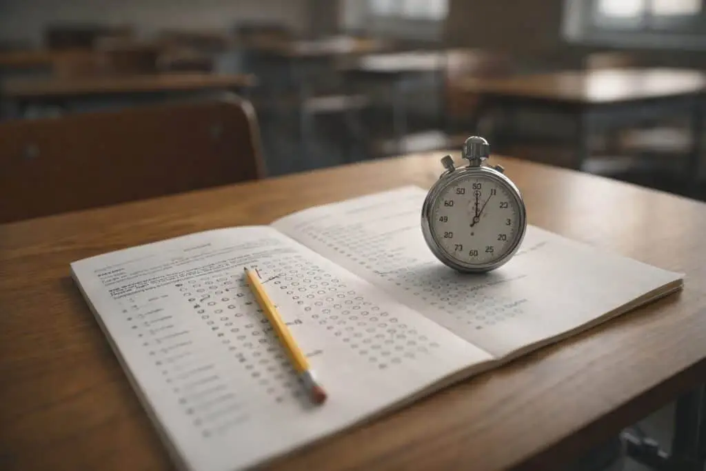 Stopwatch resting on an open test booklet with a pencil on a classroom desk, symbolizing timed testing and school accommodations