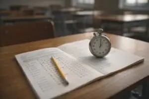 Stopwatch resting on an open test booklet with a pencil on a classroom desk, symbolizing timed testing and school accommodations
