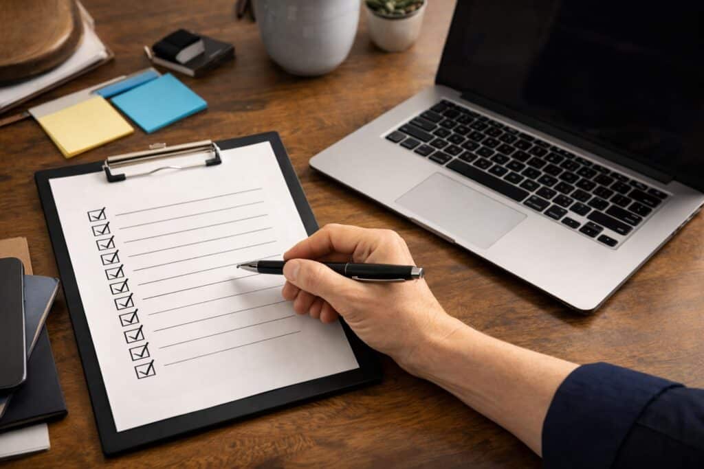 Hand writing on a checklist clipboard with a laptop and sticky notes in a workspace, symbolizing time management and organization in executive function coaching.