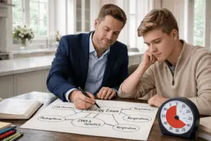 High school student learning how to study biology with a planner and notes for exam prep