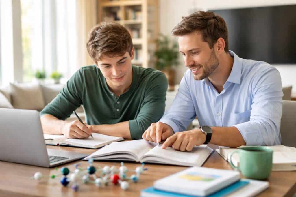 Student and tutor engaged in personalized math and science tutoring session, studying with textbooks and laptop, fostering academic growth and confidence in challenging subjects.