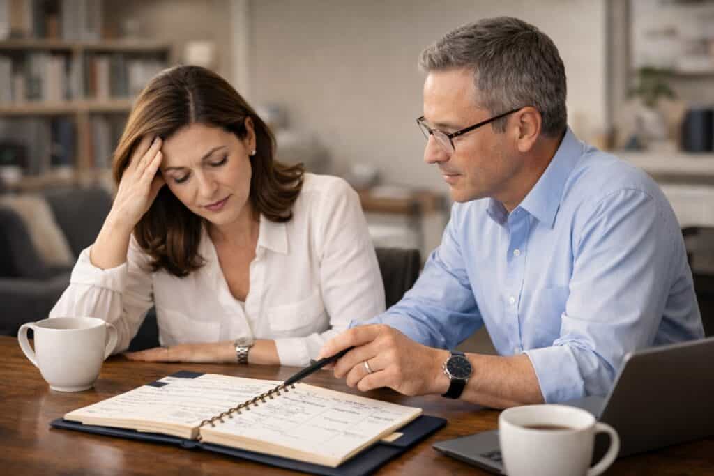 Woman looking stressed while reviewing a planner with a man, discussing time management and organization strategies for busy professionals dealing with ADHD.