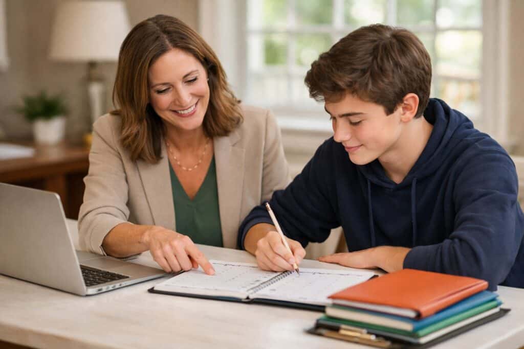 Woman coaching a student on executive function skills, reviewing a planner, with a laptop on the table, in a bright, organized study environment.