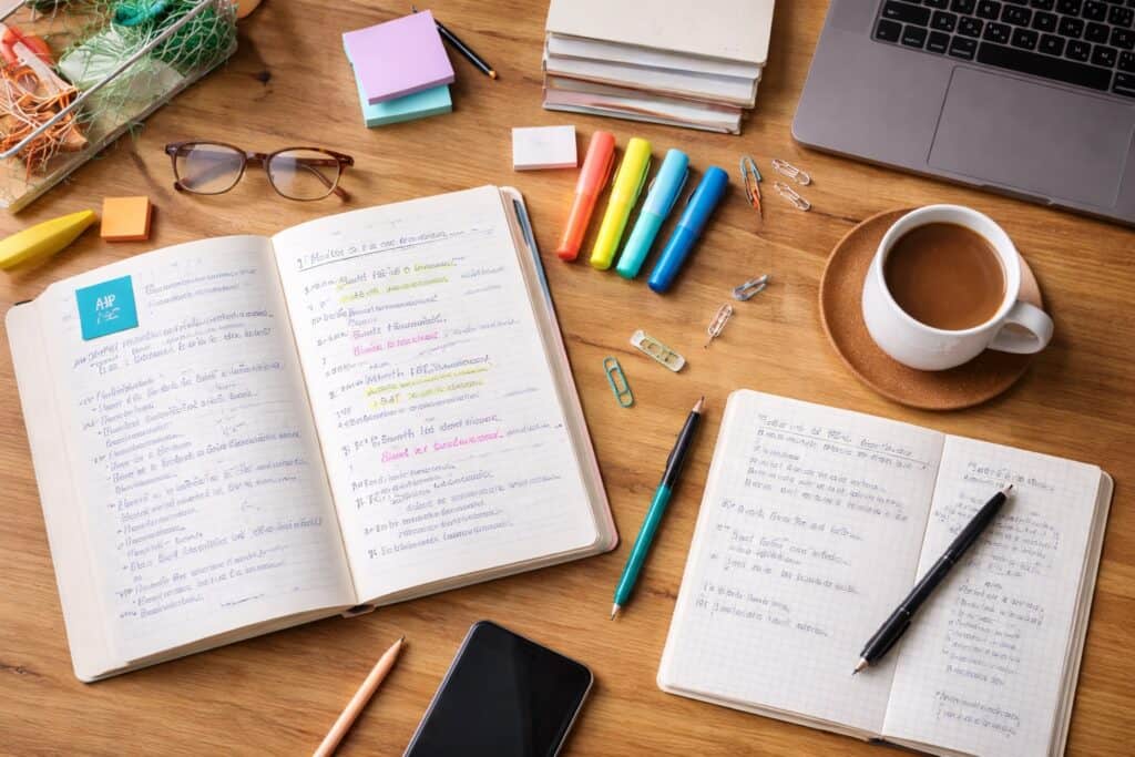 Study materials on a wooden desk, including notebooks with organized notes, colorful highlighters, a laptop, reading glasses, a coffee cup, and stationery, illustrating effective organization and planning for academic success.