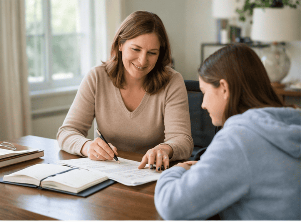 Woman tutoring a student at a desk, focusing on ISEE and SSAT test preparation in a supportive learning environment.