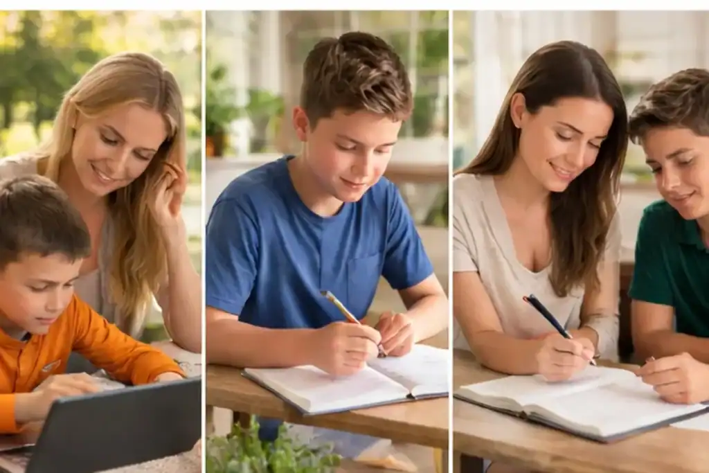 Children engaged in personalized summer tutoring sessions with attentive adults, focusing on academic skills and executive function coaching in a bright, supportive environment.