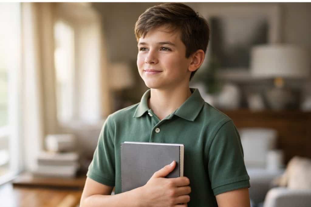 Smiling boy in a green polo shirt holding a notebook, embodying confidence and readiness for academic success, relevant to private school test preparation services.