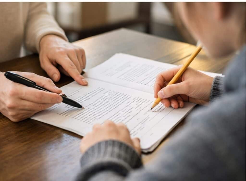 Hands of a tutor pointing at a document while a student writes notes, emphasizing reading comprehension strategies and executive function coaching for ISEE and SSAT preparation.