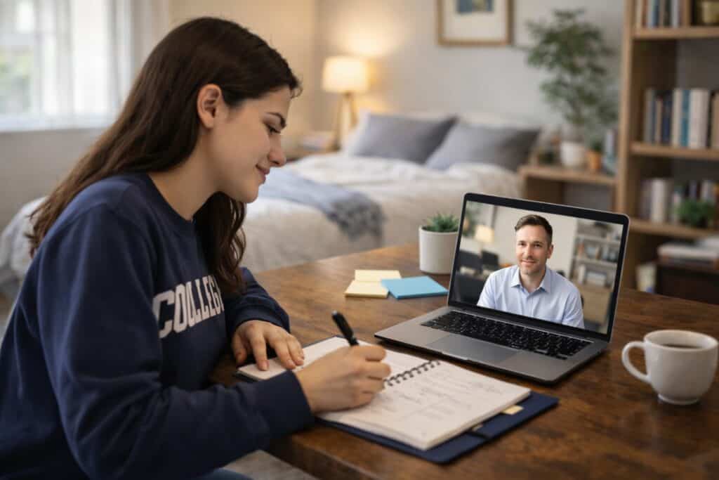 Young adult engaged in virtual executive function coaching session, taking notes while interacting with a coach on a laptop, emphasizing accountability and planning support for college-to-career transition.