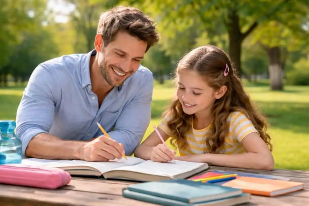 Tutor and student working together outdoors during a private summer tutoring session in Greenwich, CT