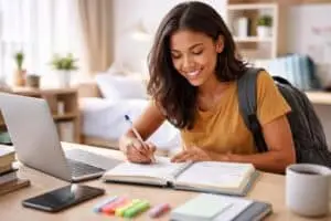 Student using a planner and laptop at desk during the first weeks of college