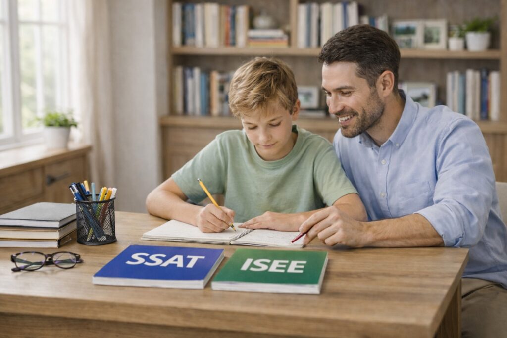 Male tutor helping middle school student prepare for SSAT and ISEE exam in one-on-one tutoring session
