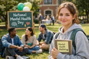 College students sitting outdoors with a &ldquo;National Mental Health Day&rdquo; sign, smiling and holding a &ldquo;Mental Health Matters&rdquo; notebook.