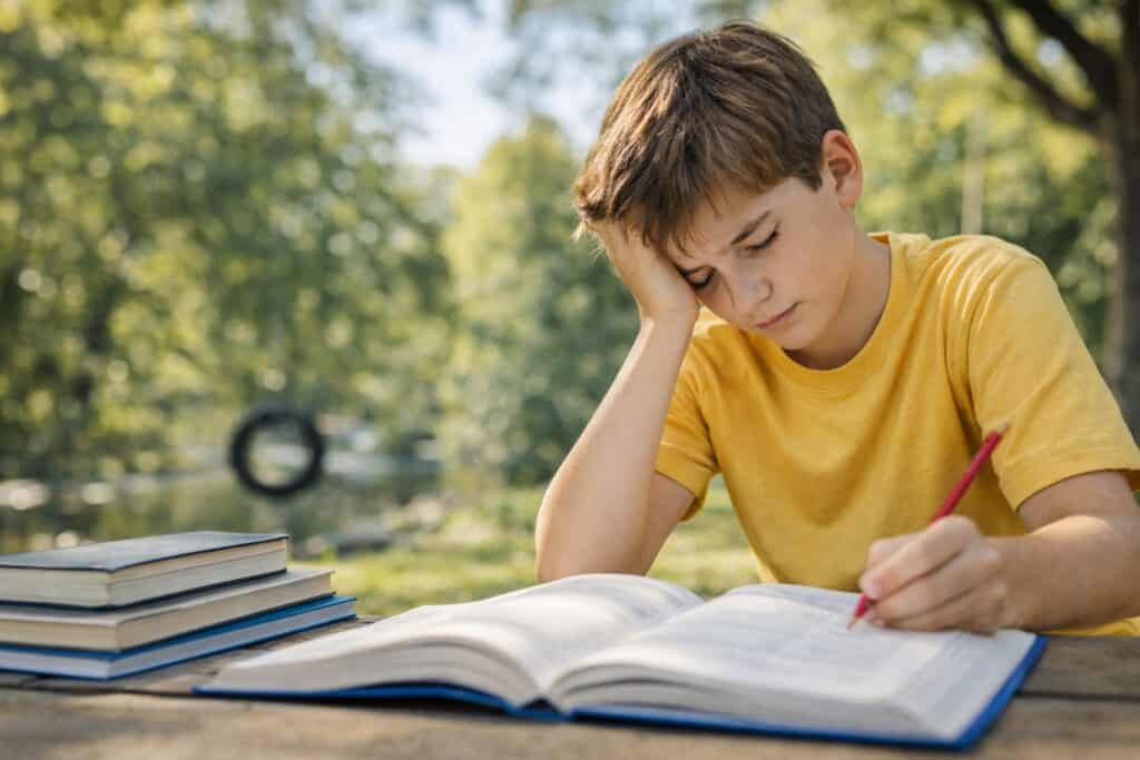 Summer Learning Loss Prevention – Student Study Support Boy studying outdoors with a book and pencil, illustrating summer learning loss and the importance of maintaining academic skills during breaks.