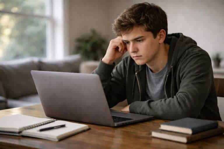 Student reacting to a college waitlist or rejection email at home