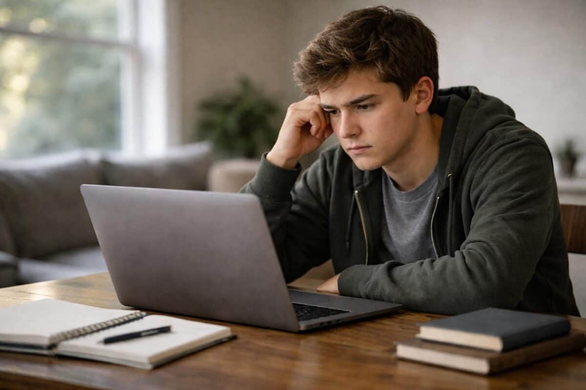Student reacting to a college waitlist or rejection email at home