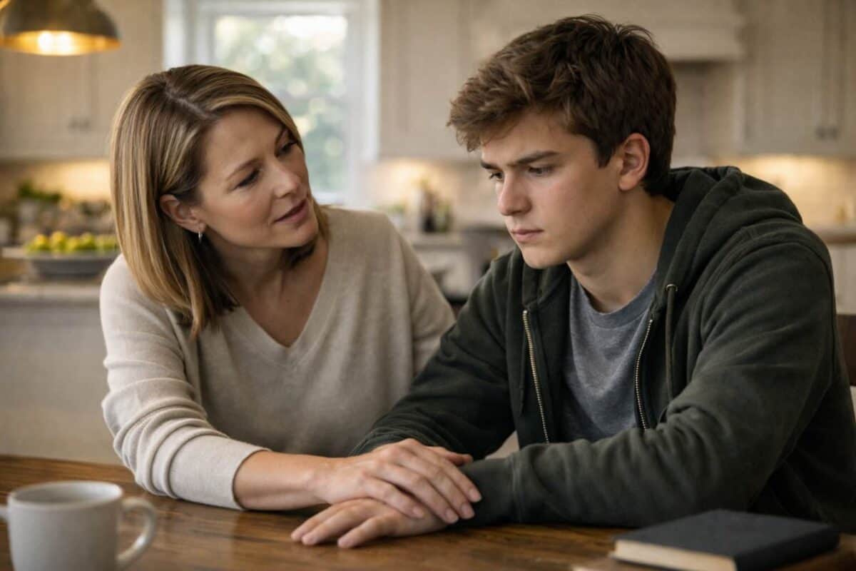 Parent supporting student after college rejection decision at home