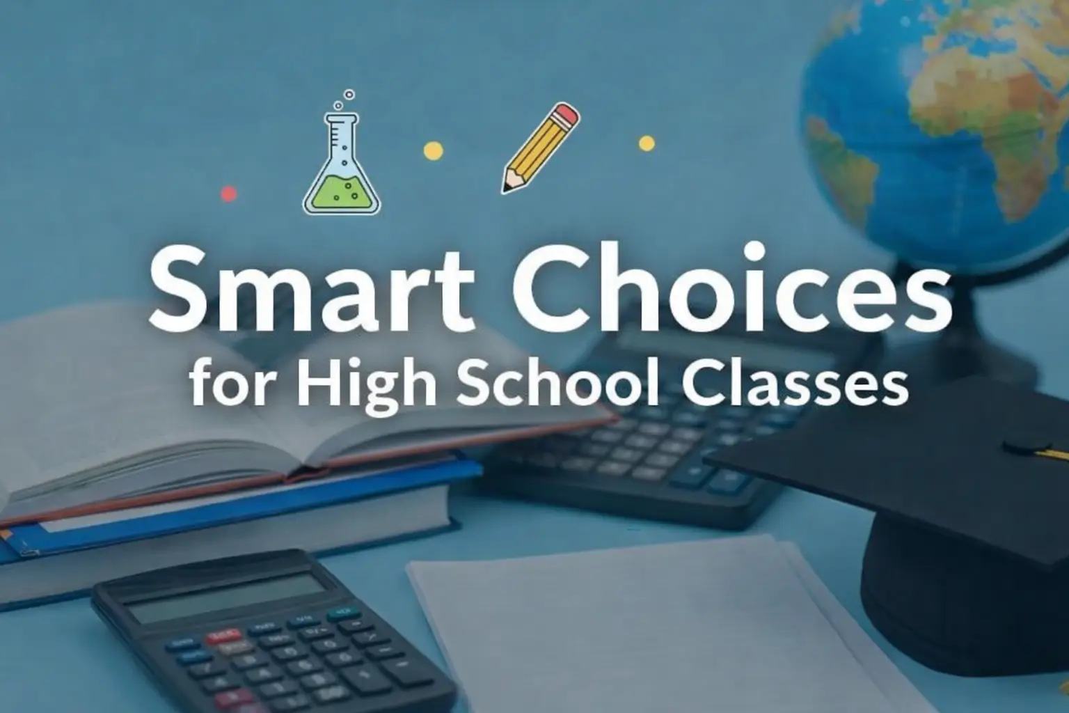 Smart choices for high school classes with books, calculator, and graduation cap representing course planning for college preparation