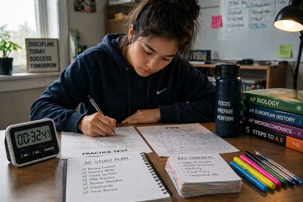 Greenwich, CT student taking AP practice test with study plan notes and timer for exam preparation
