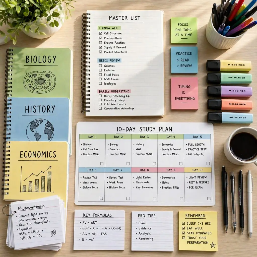 10-day AP exam study plan with master list, notes, and organized materials for biology, history, and economics