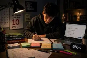 Greenwich student doing AP exams preparation with notes, flashcards, and laptop 10 days before test