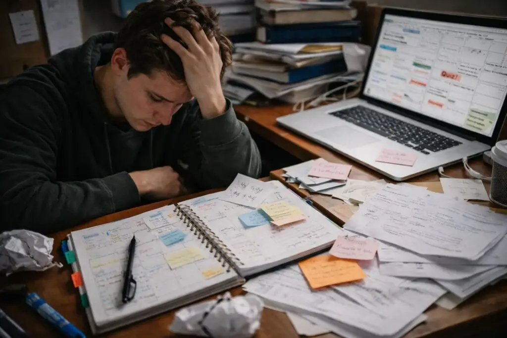 College student struggling with organization and time management at a cluttered desk