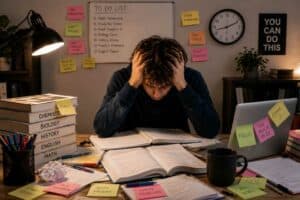 ADHD burnout in students showing overwhelmed teen at desk struggling with schoolwork and focus