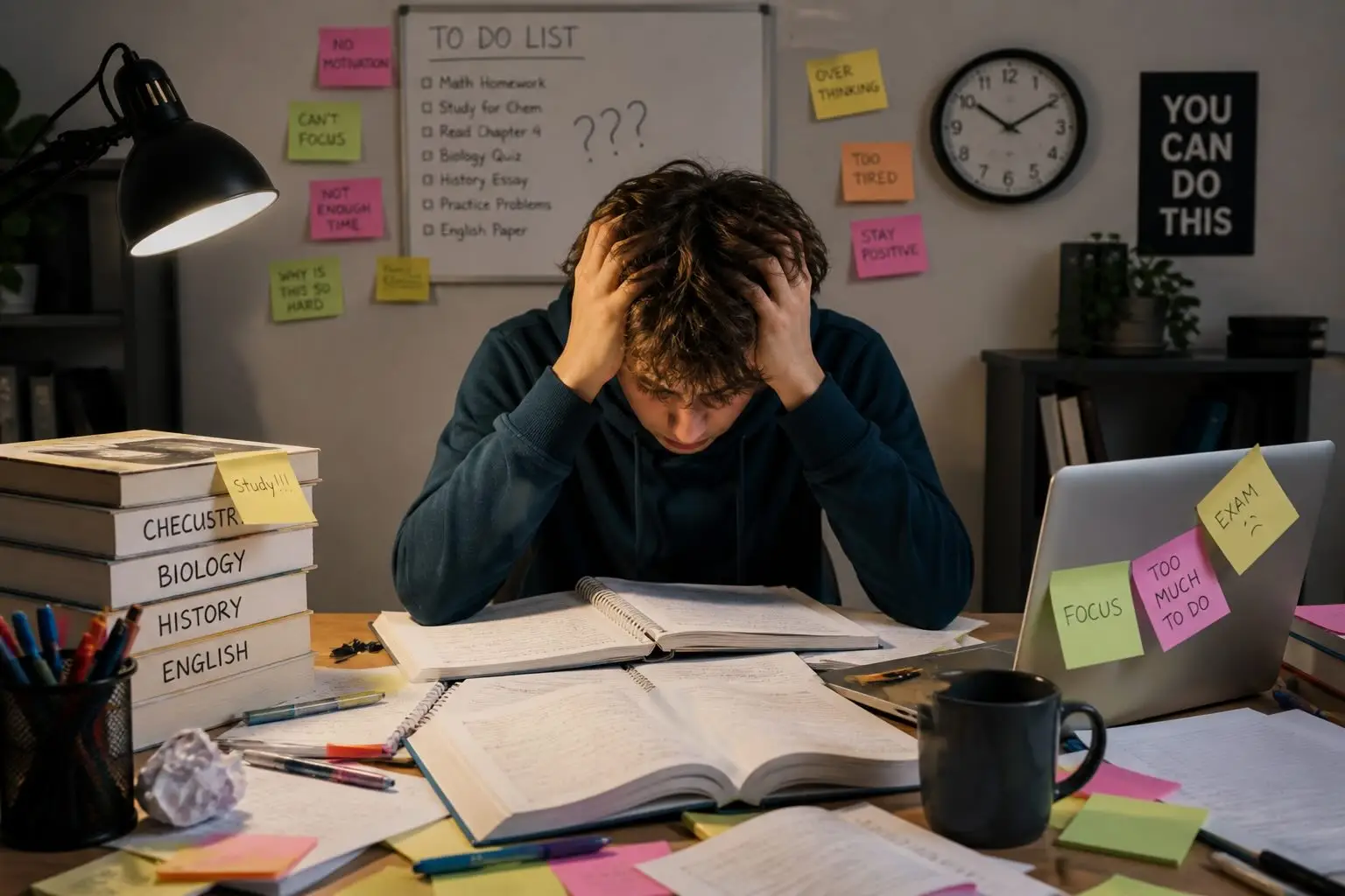 ADHD burnout in students showing overwhelmed teen at desk struggling with schoolwork and focus