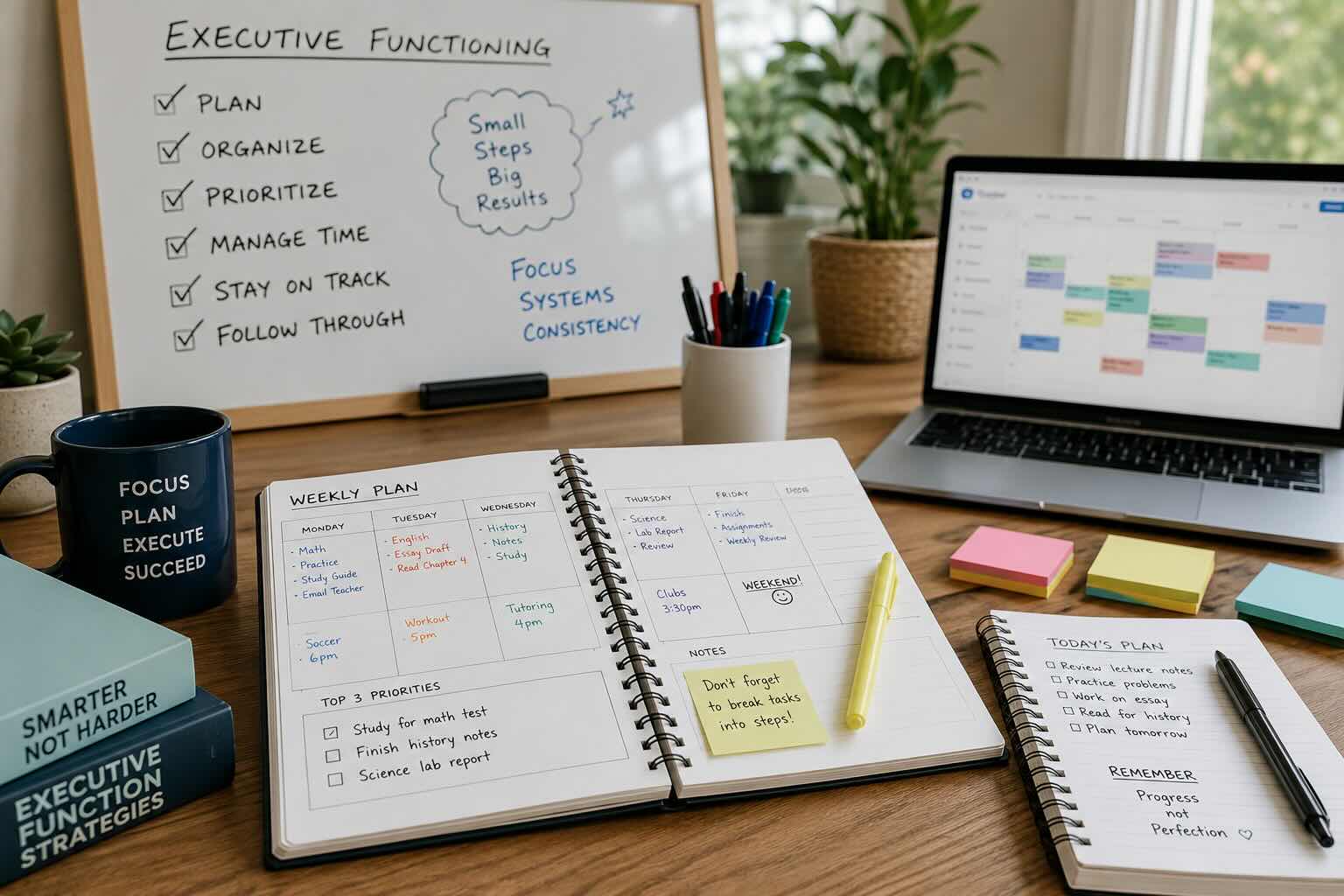 Executive function coaching workspace with planning systems organization tools and time management materials