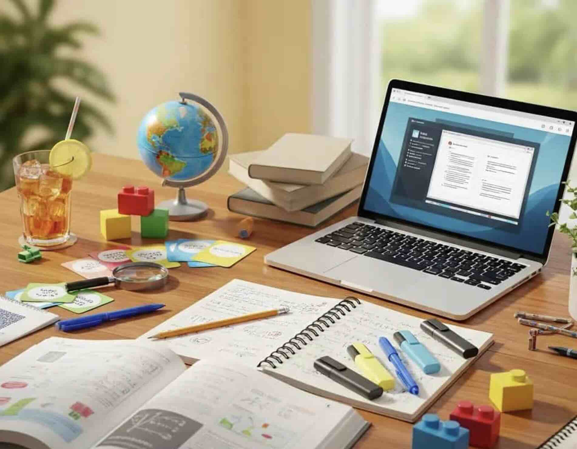 Executive function coaching workspace with planning tools study materials and online learning support