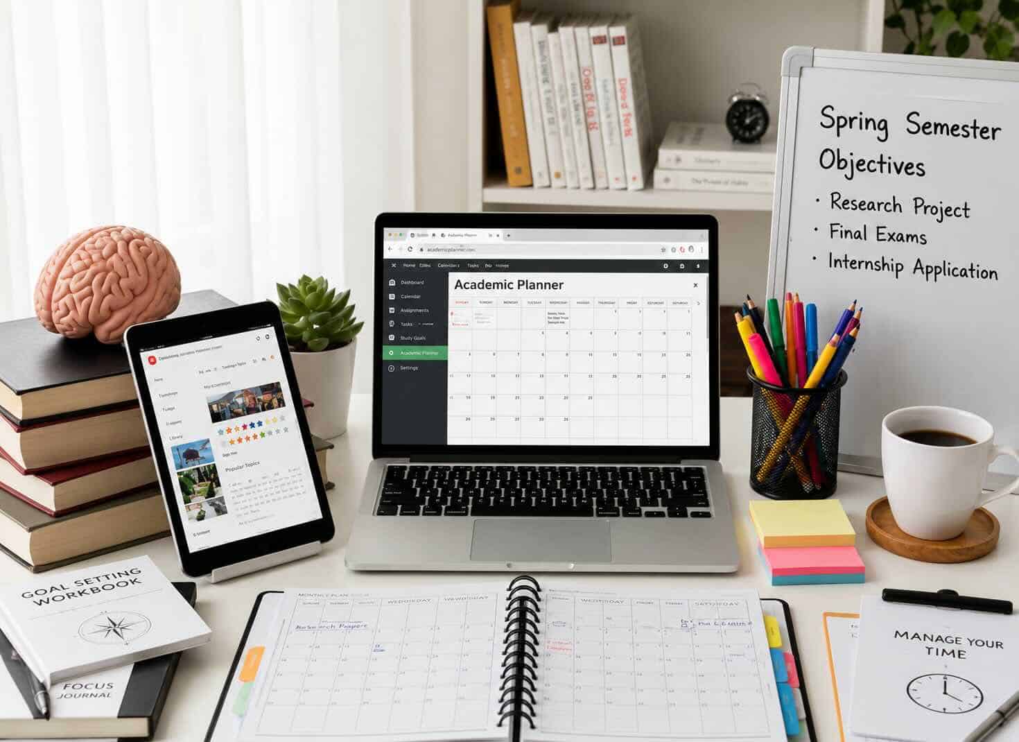 Planning tools and organized study materials representing executive function coaching strategies such as organization, time management, prioritization, and follow-through.