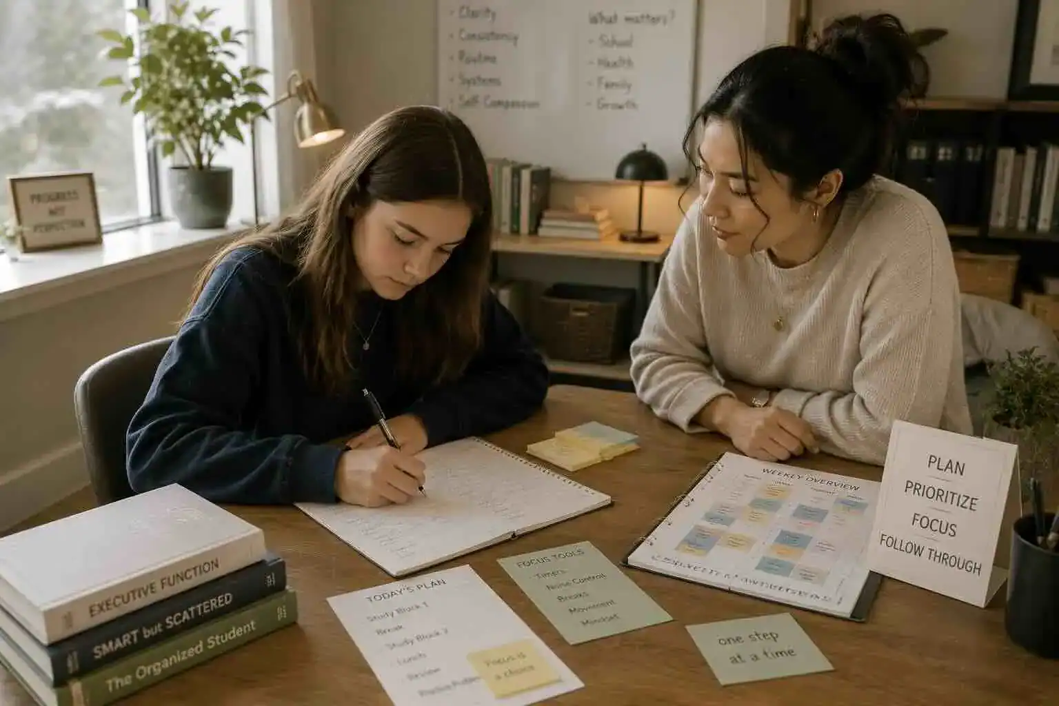 Teen student using executive function task planning board with executive function coach