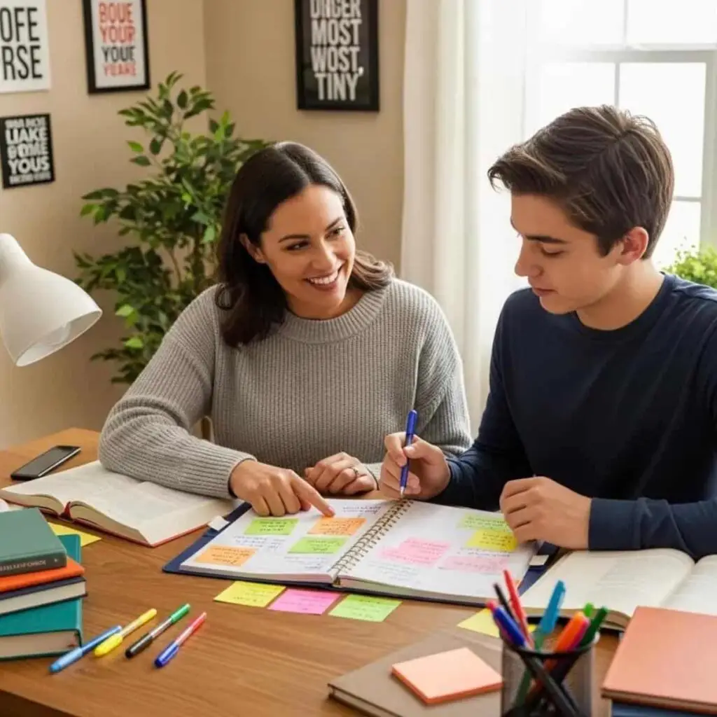 What does an executive function coach do while helping a student with organization and time management?