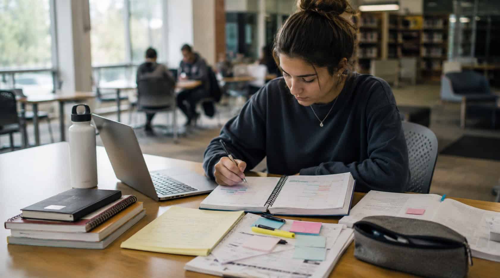 College student organizing assignments with planner and notebook in campus library