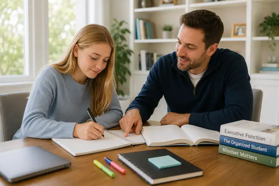 Executive function coach helping a female student with organization and study skills in Greenwich, CT and Westchester, NY