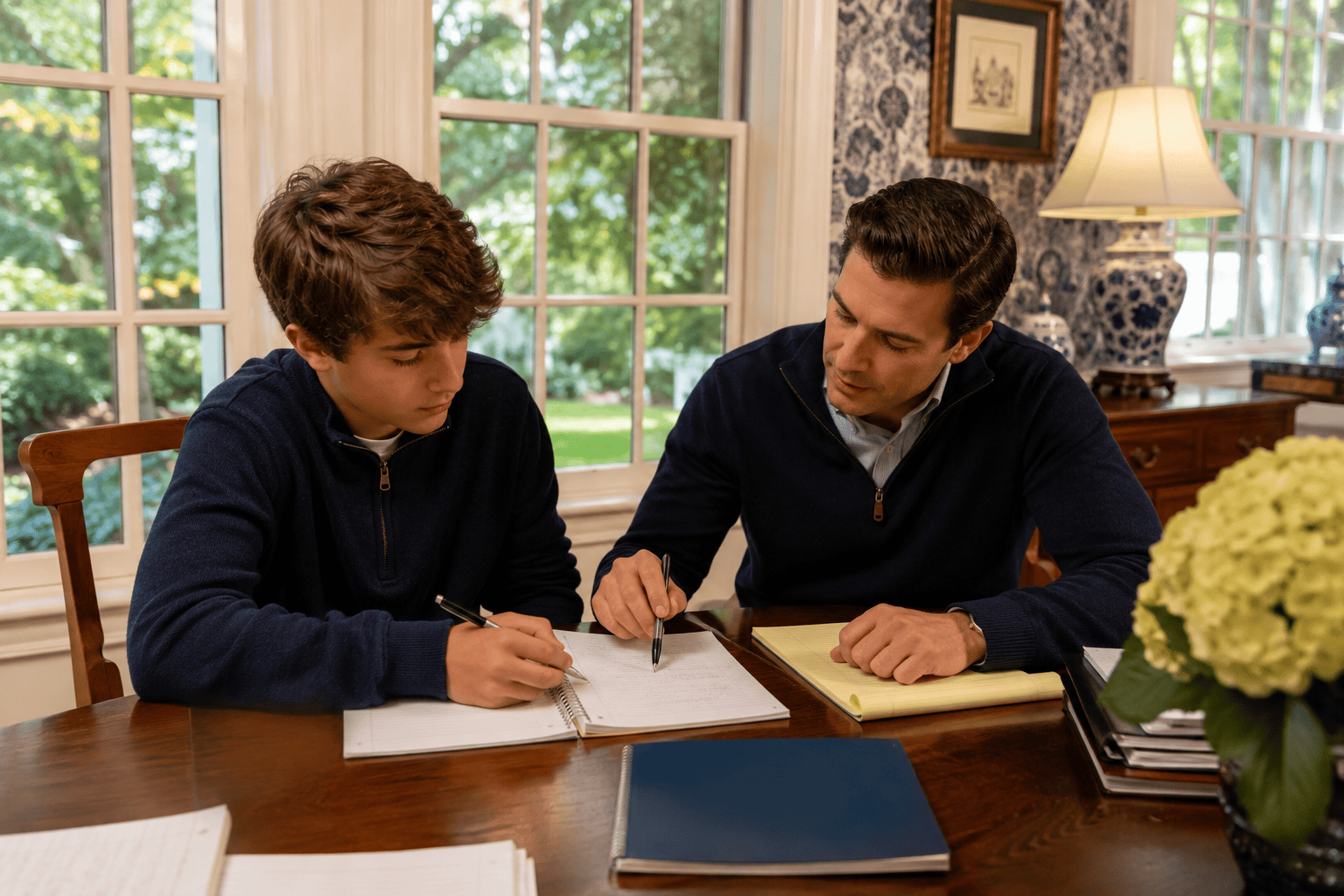 Coach and student working together at a dining table in a New England colonial home - DES executive function coaching in Connecticut
