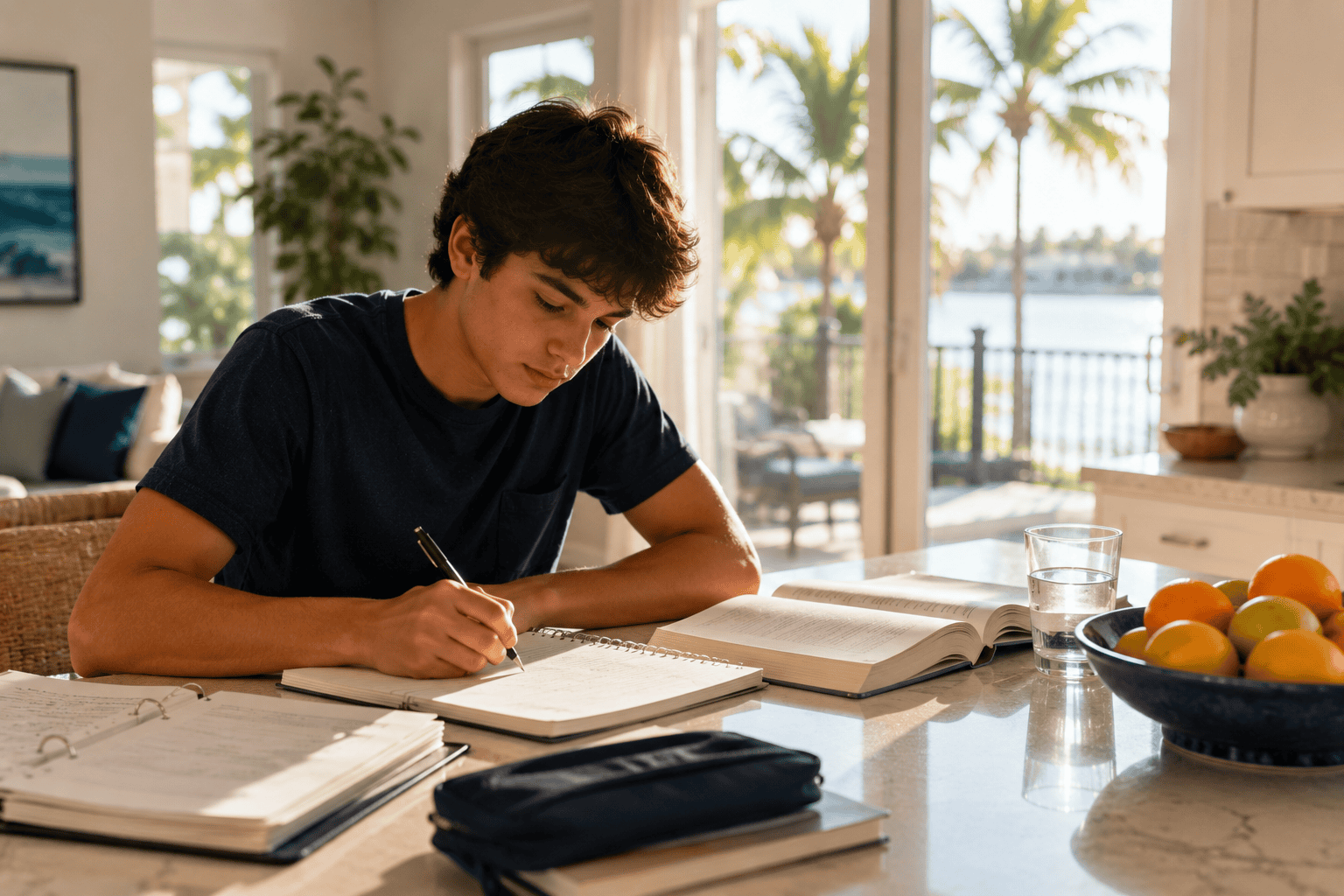 Student studying at a bright kitchen island with palms outside - DES executive function coaching in South Florida