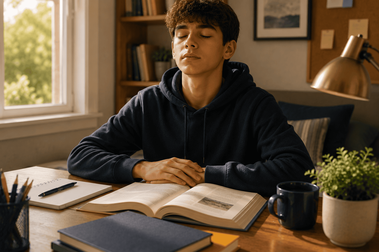 Student pausing for a calm breath during homework - emotional regulation and executive function