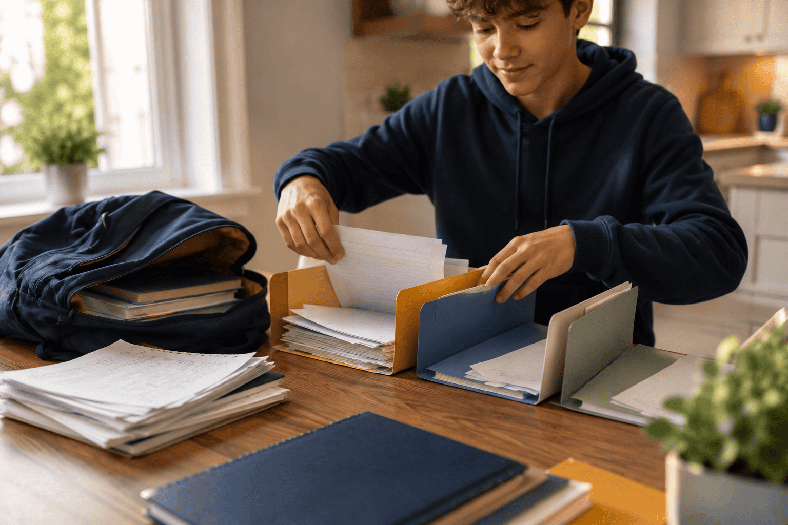 Student sorting school papers into folders - executive function organization skills