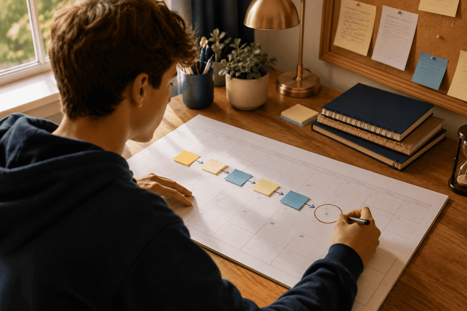 Student breaking a project into steps on a desk calendar - executive function planning skills