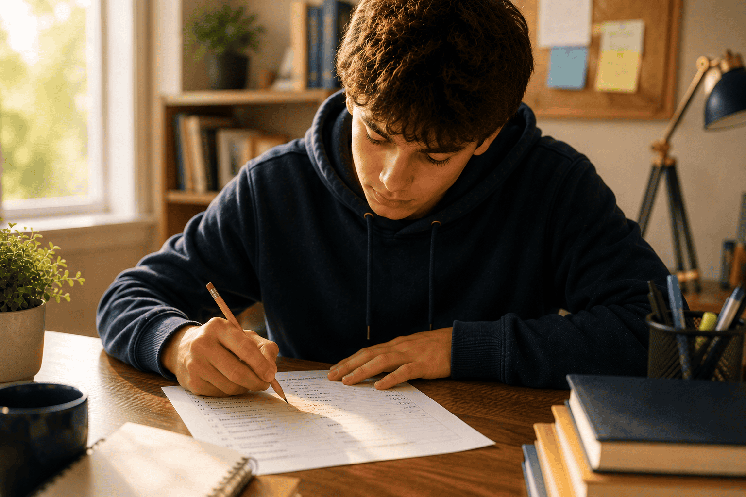 Student checking their own work with a pencil - self-monitoring skills