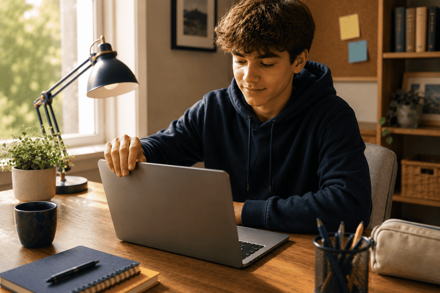 Student opening a laptop and beginning work - task initiation and getting started