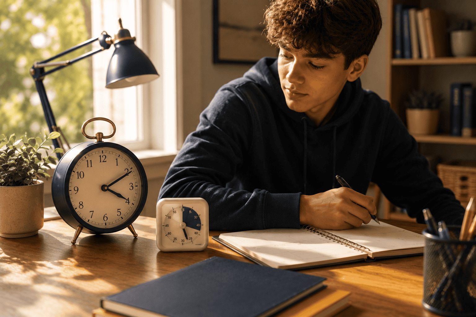 Student working beside an analog clock and timer - executive function time management skills